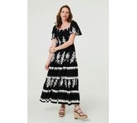 Izabel London Ikat Print Short Angel Sleeve Maxi Dress In Black Black 10