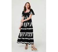 Izabel London Ikat Print Short Angel Sleeve Maxi Dress - Black - 8