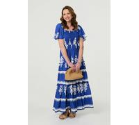Izabel London Ikat Print Short Angel Sleeve Maxi Dress - Blue - 8