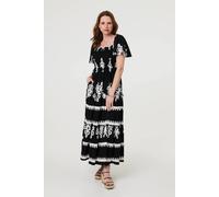 Izabel London Ikat Print Short Angel Sleeve Maxi Dress In Black Black 10