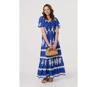 Izabel London Ikat Print Short Angel Sleeve Maxi Dress In Blue Blue 8
