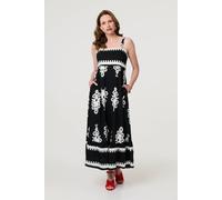 Izabel London Women's Ikat Print Sleeveless A-Line Maxi Dress in Black | Size: 14