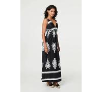 Izabel London Ikat Print Sleeveless Empire Maxi Dress for Women UK with a v-Neck, cami Straps and Ruched Front.