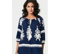 Izabel London Ikat Print Tassel Tie Neck Blouse - Navy - 8