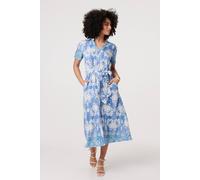 Izabel London Ikat Print Tie Waist Midi Shirt Dress In Blue Blue 16