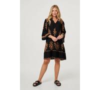 Izabel London Ikat Print Tiered Knee Length Dress In Black Black 8