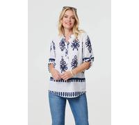 Izabel London Ikat Print V-Neck 3/4 Sleeve Blouse In White White 10