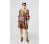 Izabel London Kaleidoscope Print 3/4 Sleeve Short Dress - Beige - 8