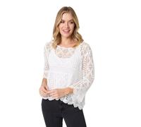 Izabel London Lace Crochet Semi Sheer Layered Top for Women UK with 3/4 Sleeves, Made from 100% Cotton. White