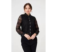 Izabel London Women's Lace Layer Sheer Sleeve Cropped Shirt in Black | Size: Large Izabel London Black L