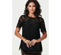 Izabel London Semi Sheer Lace Layer Short Sleeve Blouse Made from a Cotton Blend Material. Black