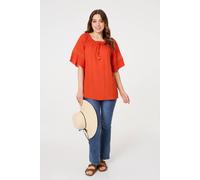Izabel London Lace Trim Bardot Tie Neck 1/2 Sleeve Blouse In Orange Orange