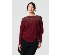 Izabel London Lace Trim Batwing Long Sleeve Jumper Made from a Viscose Blend for Women UK with a Curve Hem. Red