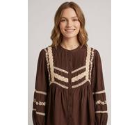 Izabel London Lace Trim Long Sleeve Pleated Blouse In Brown Brown