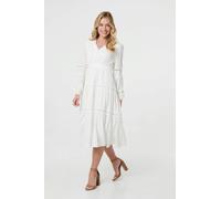 Izabel London Lace Trim Long Sleeve Tiered Midi Dress - White - 8