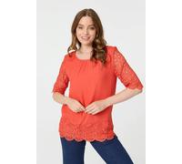 Izabel London Women's Lace Trim Semi Sheer 1/2 Sleeve Blouse in Orange | Size: 16