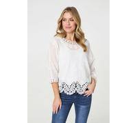 Izabel London Lace Trim Semi Sheer Layered Blouse Made from 100% Cotton for Women UK with 3/4 Batwing Sleeves. White