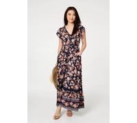 Izabel London Lace Trim Tiered Cap Sleeve Maxi Dress for Women UK with a v-Neck, lace Details and Buttons. Navy