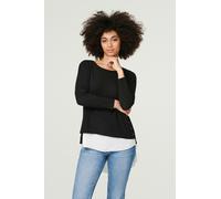 Izabel London Layered Hem Button Detail Top for Women UK with Round Neck, Long Sleeves and Thigh Length Hem. Black