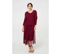 Izabel London Layered Knit Top Mesh Pleated Midi Dress - Burgundy - M/L