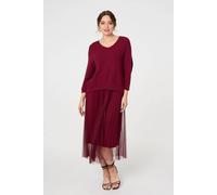 Izabel London Layered Knit Top Mesh Pleated Midi Dress Red S/M