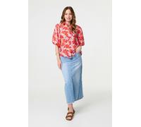 Izabel London Leaf Print 1/2 Puff Sleeve Blouse - Orange - 18