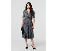 Izabel London Leaf Print 1/2 Sleeve Faux Wrap Midi Dress In Blue Blue 8