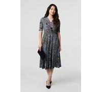 Izabel London Leaf Print 1/2 Sleeve Faux Wrap Midi Dress - Navy - 14