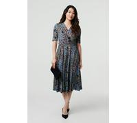 Izabel London Leaf Print 1/2 Sleeve Faux Wrap Midi Dress - Navy - 18