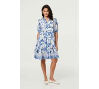 Izabel London Leaf Print 1/2 Sleeve Knee Length Dress - 14 - Blue
