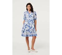 Izabel London Leaf Print 1/2 Sleeve Knee Length Dress - 14 - Blue