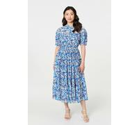 Izabel London Leaf Print 1/2 Sleeve Midi Shirt Dress - Blue - 8