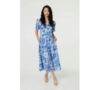 Izabel London Women's Leaf Print 1/2 Sleeve Tiered Midi Dress in Blue | Size: 16 Izabel London Blue 16