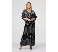 Izabel London Leaf Print 3/4 Kimono Sleeve Maxi Dress - Black - 8