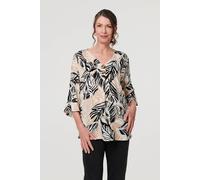 Izabel London Leaf Print 3/4 Sleeve Button Trim Blouse In Beige Beige 14