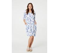 Izabel London Leaf Print 3/4 Sleeve Knee Length Dress In White White 16