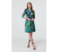 Izabel London Leaf Print 3/4 Sleeve Short Wrap Dress In Green Green 14