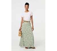 Izabel London Leaf Print Belt Detail Maxi Skirt - Green - 12