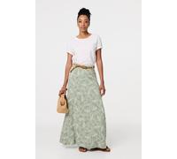 Izabel London Leaf Print Belt Detail Maxi Skirt In Green Green 8