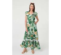 Izabel London Leaf Print Cap Sleeve Lace Maxi Dress - 12 - Green