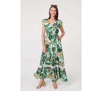 Izabel London Leaf Print Cap Sleeve Lace Maxi Dress In Green Green