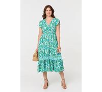 Izabel London Leaf Print Cap Sleeve Lace Trim Midi Dress In Green Green 8