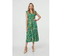 Izabel London Leaf Print Frilled Sleeveless Midi Dress - Green - 12