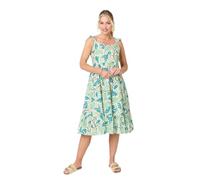 Izabel London Leaf Print Frilled Strap Midi Dress for Women UK with Bra-Friendly Straps and an Empire Waist. Green