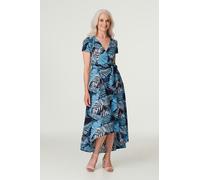 Izabel London Leaf Print High Low Maxi Dress for Women UK with v-Neck, Short Sleeves and Maxi Length Drop Hem. Blue