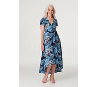 Izabel London Leaf Print High Low Maxi Dress for Women UK with v-Neck, Short Sleeves and Maxi Length Drop Hem. Blue