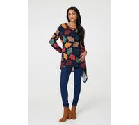 Izabel London Leaf Print High Low Tunic Top for Women UK with Round Neck, Long Sleeves and Hanky Hem. Navy
