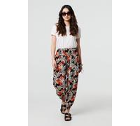 Izabel London Leaf Print High Waist Shirred Harem Pants In Black Black 16
