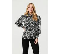 Izabel London Leaf Print Long Balloon Sleeve Shirt - 14 - Black