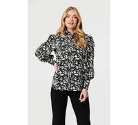 Izabel London Leaf Print Long Balloon Sleeve Shirt - 10 - Black